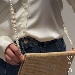Dior Tan Woven Crossbody with Pearl Strap with box